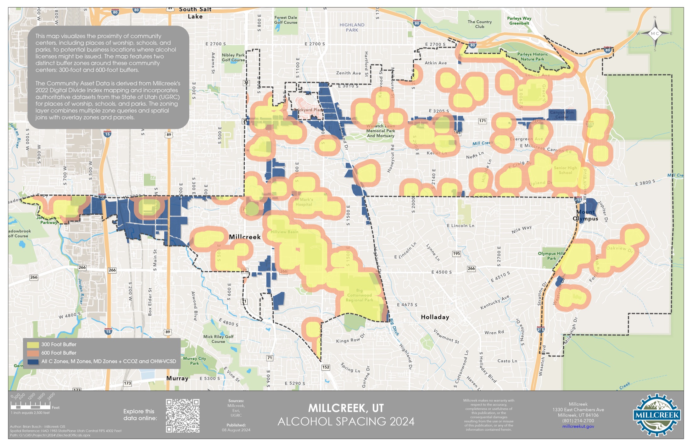 Millcreek, Utah alcohol establishment spacing map, showing 300-foot and 600-foot buffers around community centers, 2024.