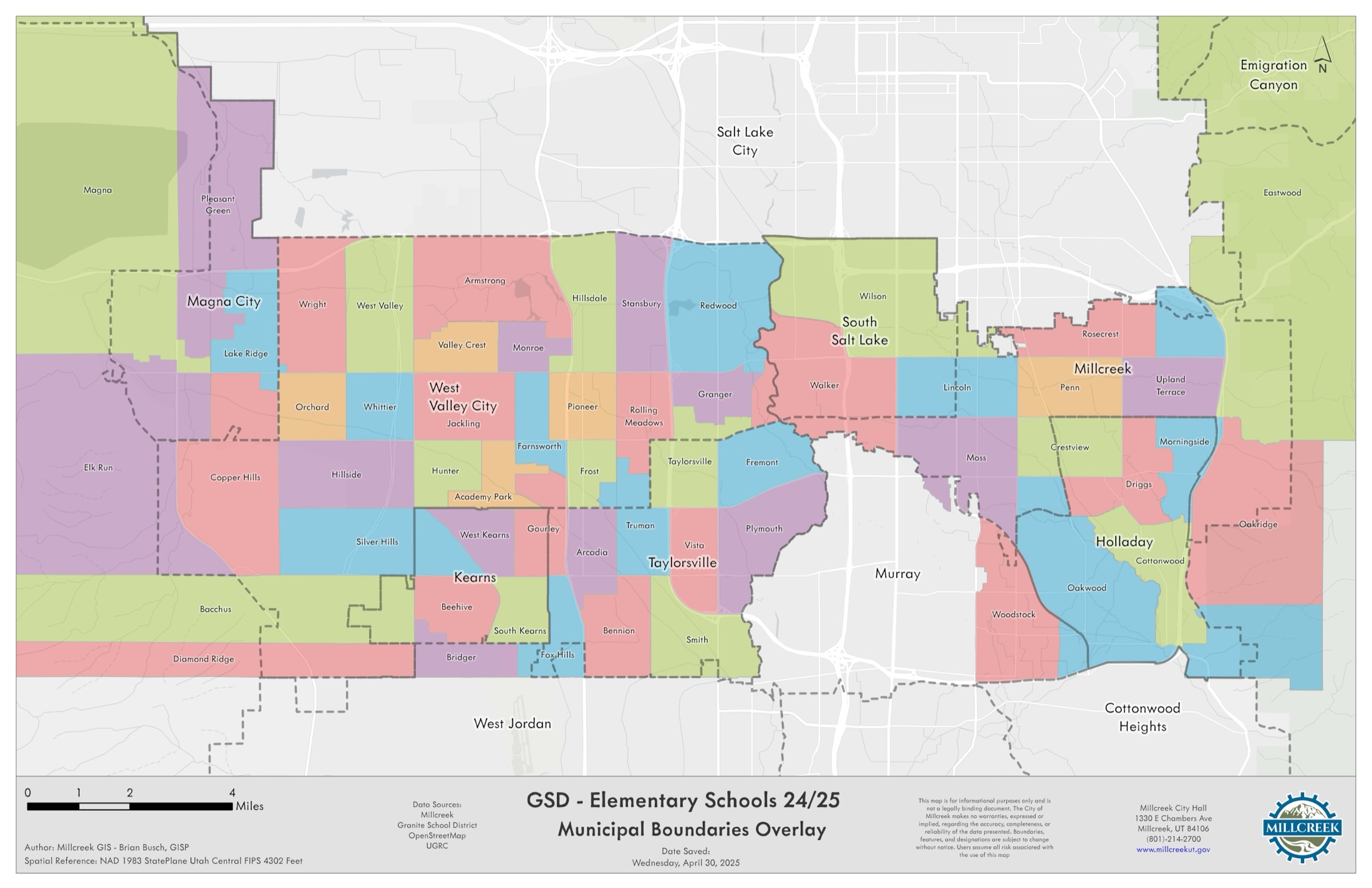 Granite School District elementary school boundaries overlaid with municipal boundaries, colored so no two neighboring polygons share a color.