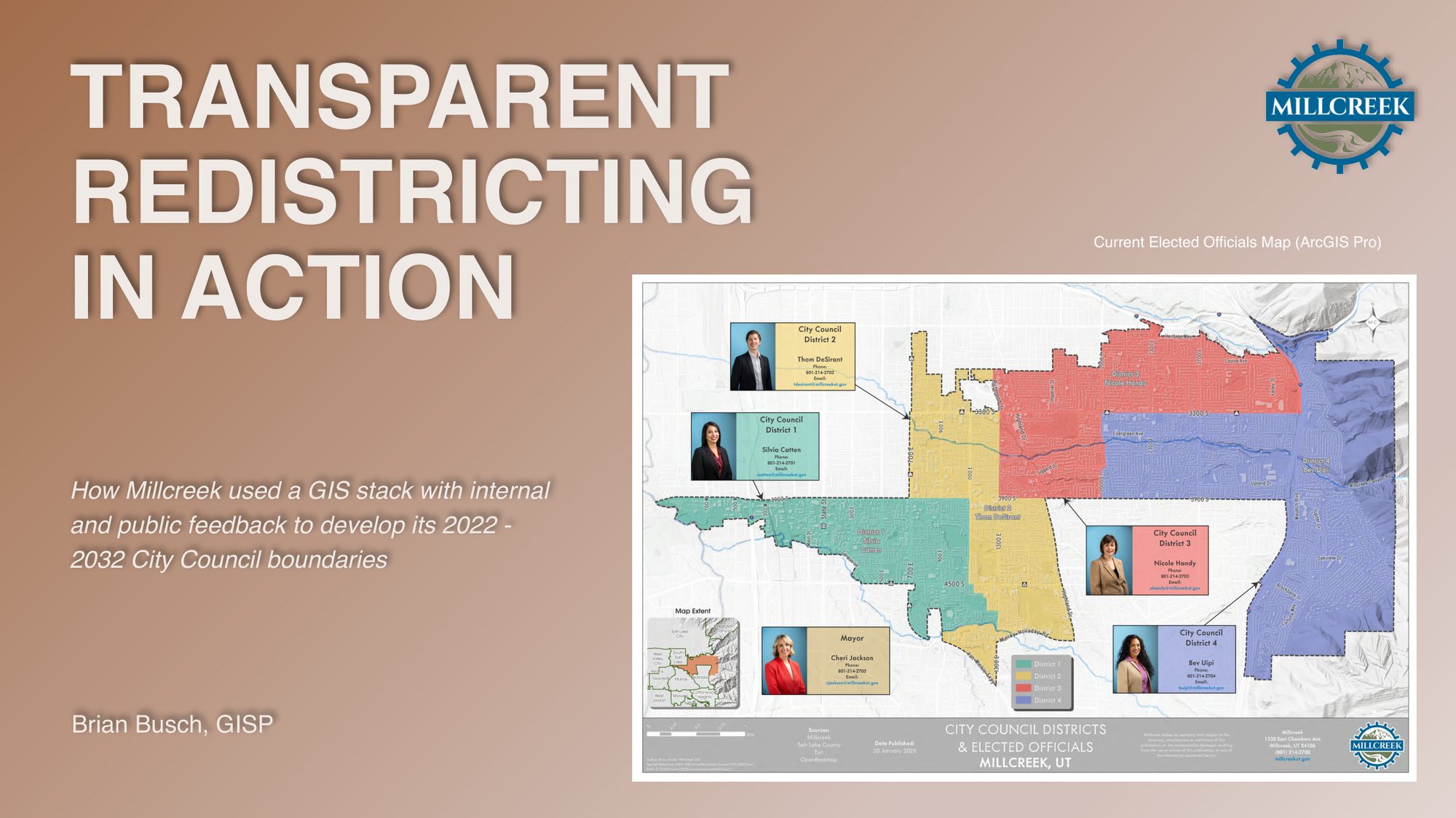 Title slide: Transparent Redistricting in Action, with the current elected officials district map.