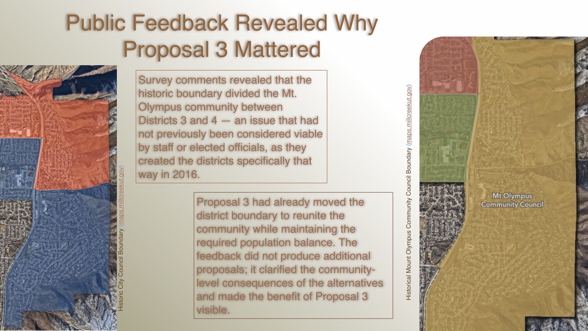 Slide showing how public feedback surfaced the Mt. Olympus community split between Districts 3 and 4.