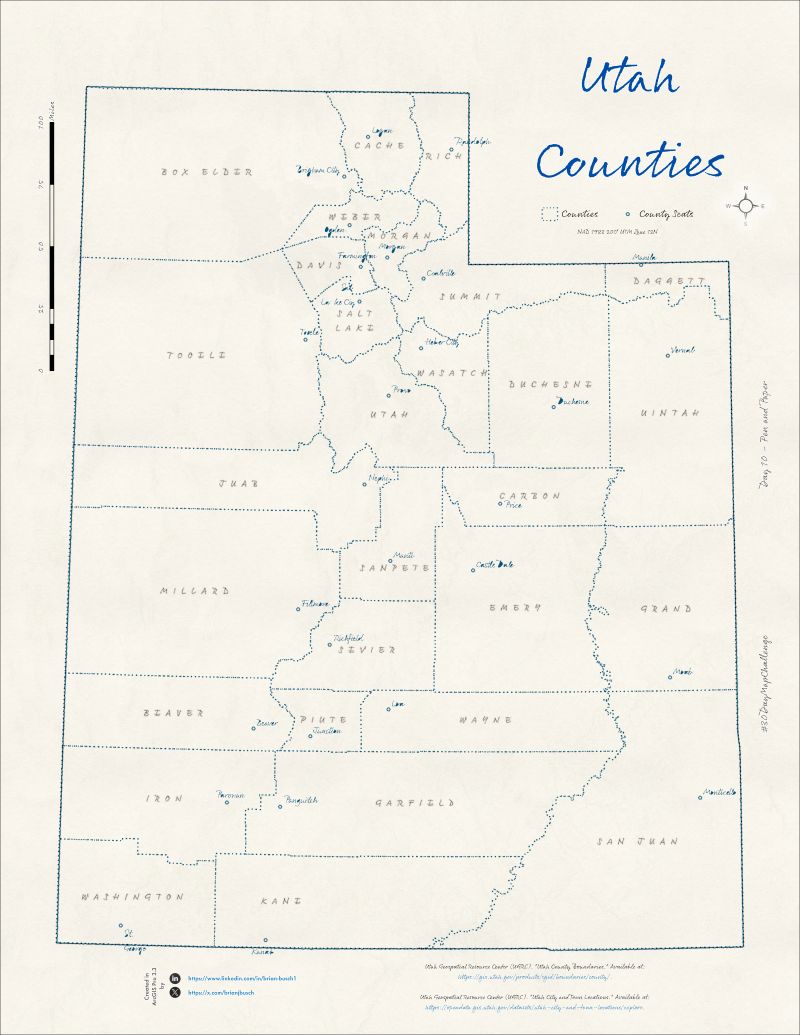 Pen-and-paper style map of Utah counties and county seats.