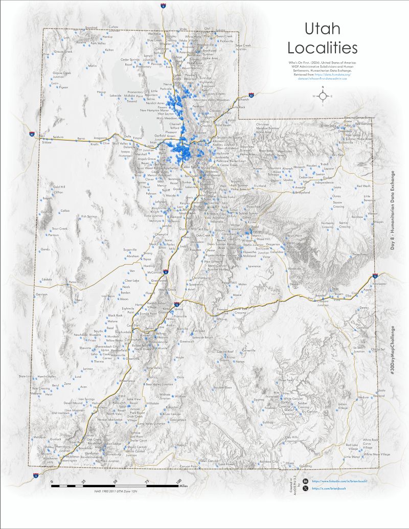 Map of Utah's populated places sourced from humanitarian data.