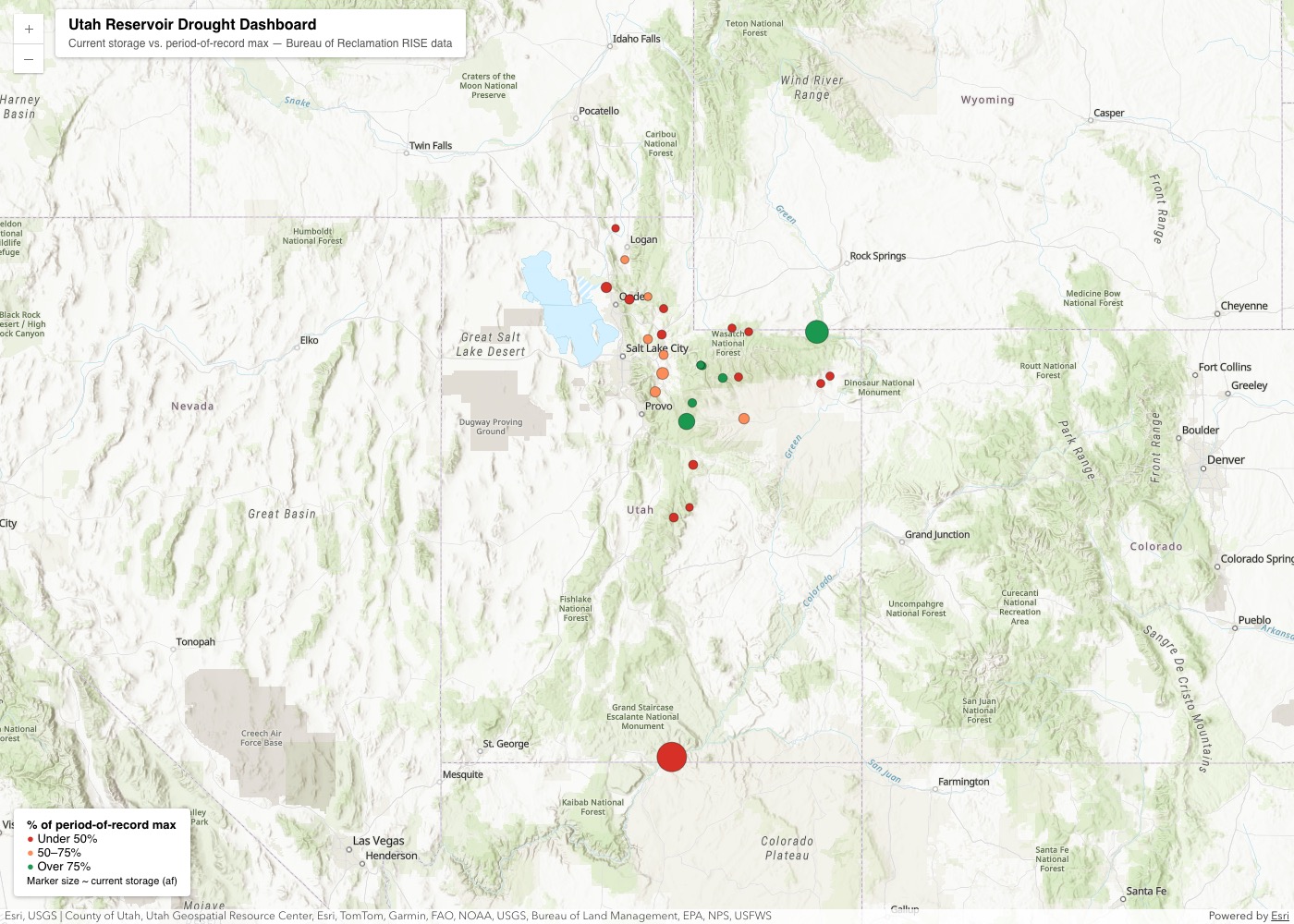Utah Reservoir Drought Dashboard, a map of current storage vs. period-of-record max across Utah reservoirs.