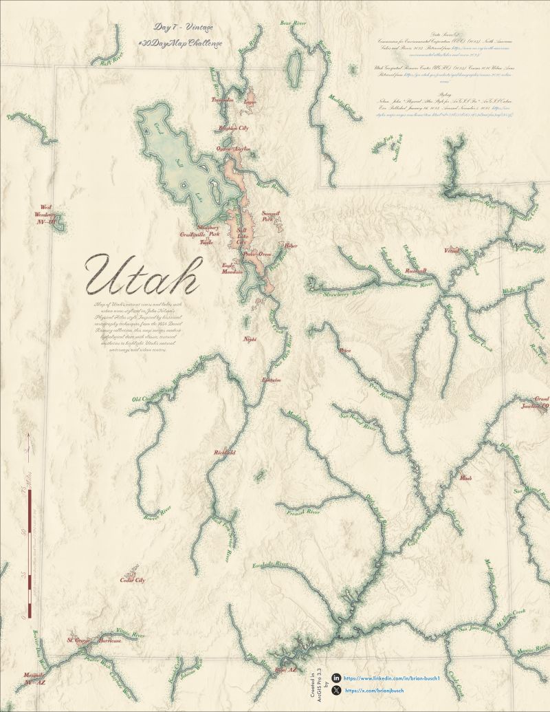 Vintage-style map of Utah's urban areas and rivers.