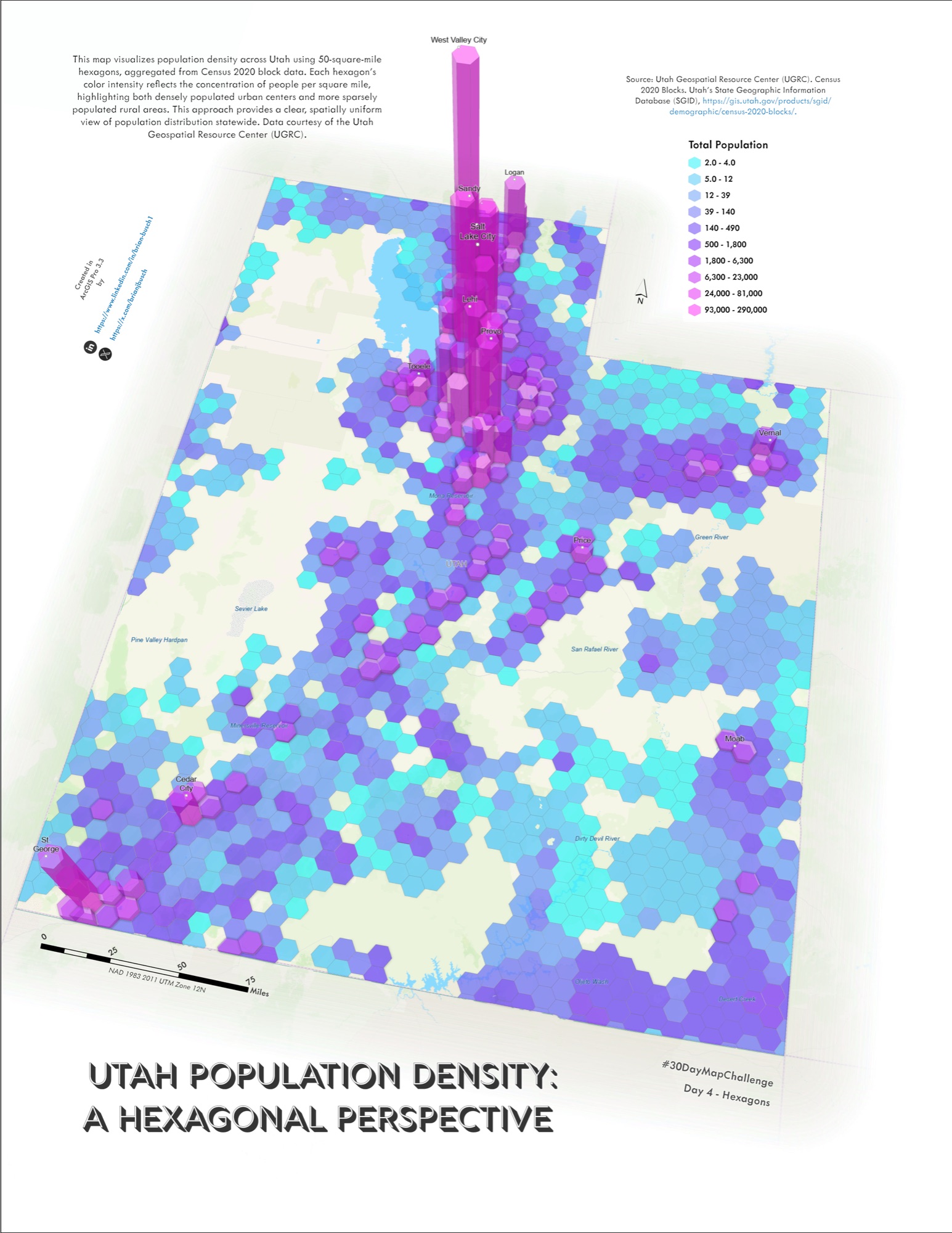 Utah population hexagon map
