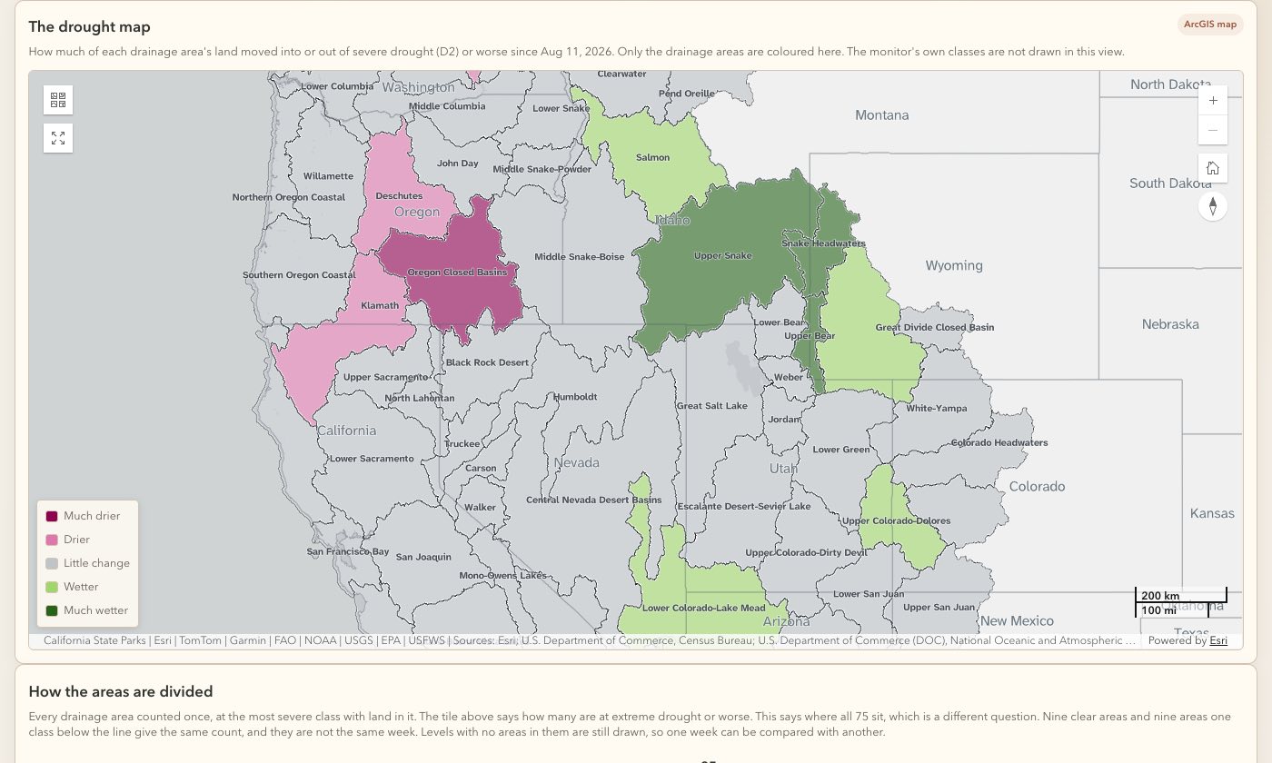 The drought change map. Each drainage area is colored on a pink to green scale for how much of its land moved into or out of severe drought since the week before.