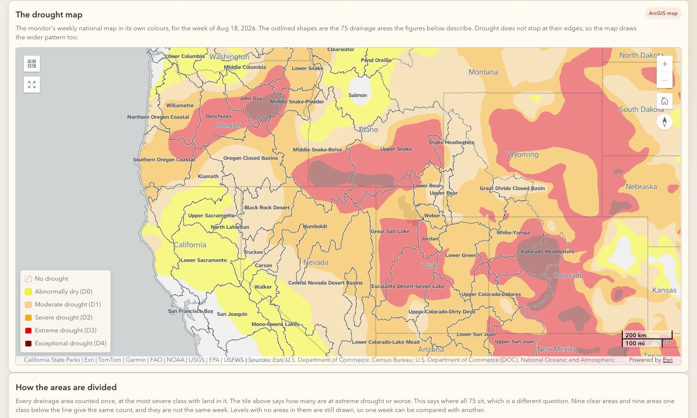 The weekly drought map in the U.S. Drought Monitor colors, with the 75 drainage area boundaries drawn on top. Land the monitor does not measure is gray.