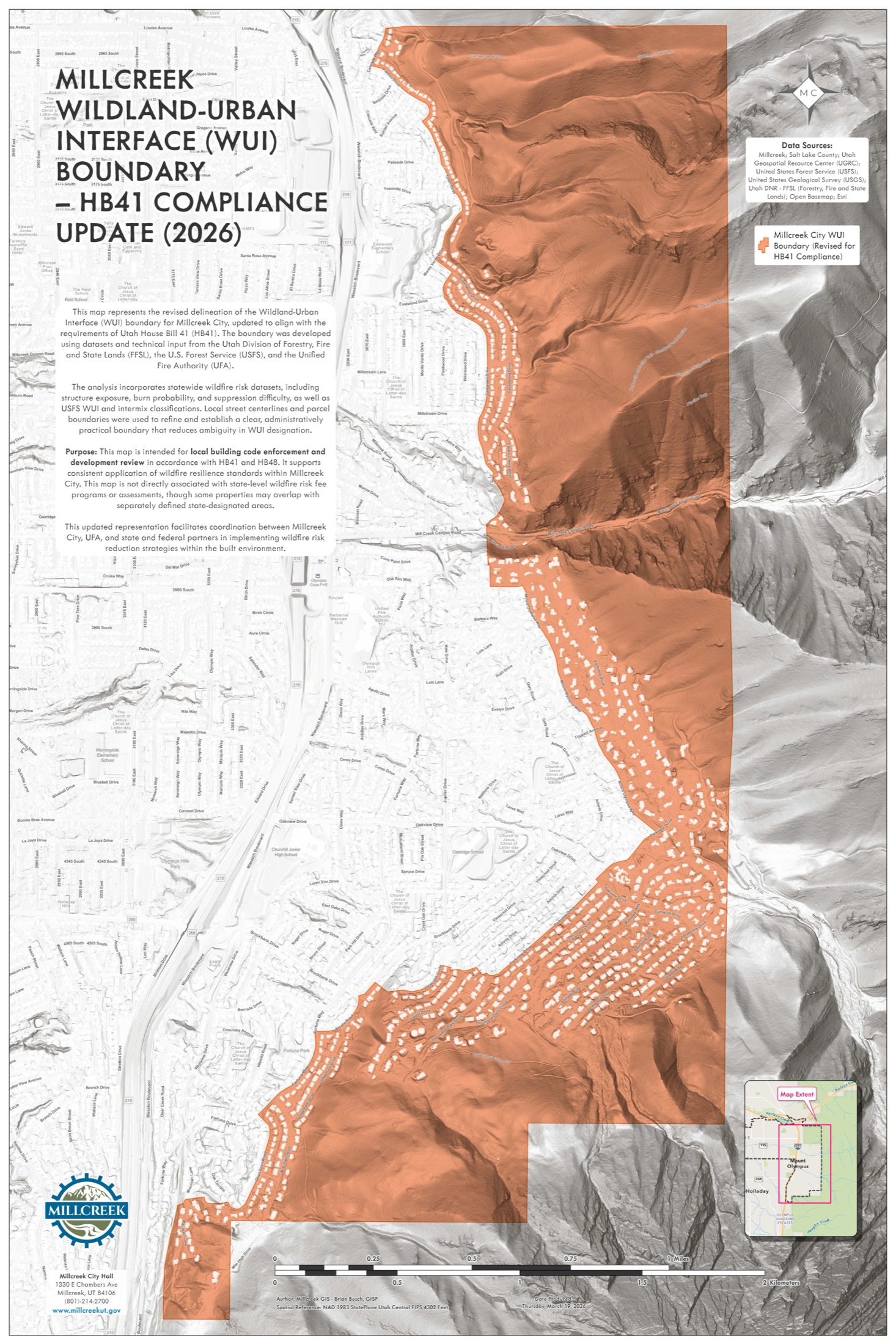 Millcreek Wildland-Urban Interface (WUI) boundary map, HB41 compliance update, 2026.
